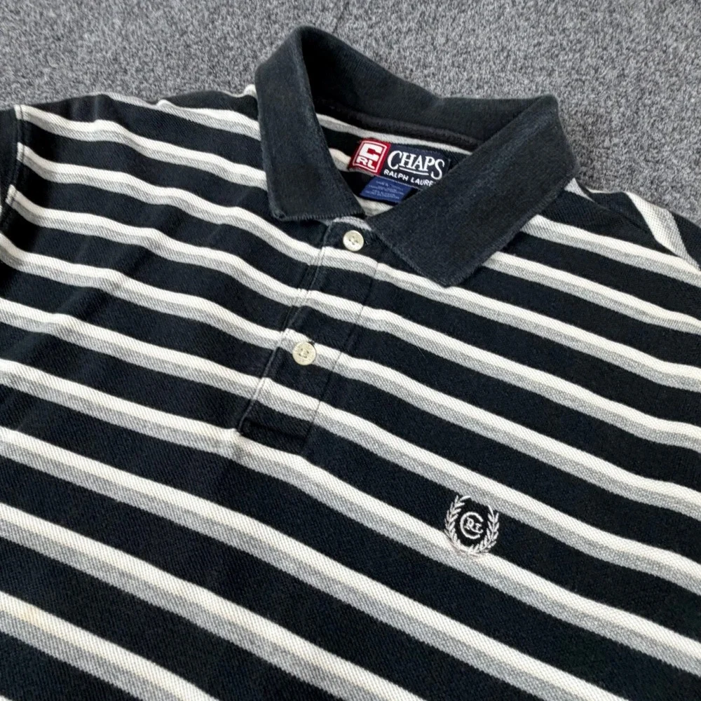 Chaps Ralph Lauren Mens Size L Large Black White Striped Cotton Pique Polo Shirt